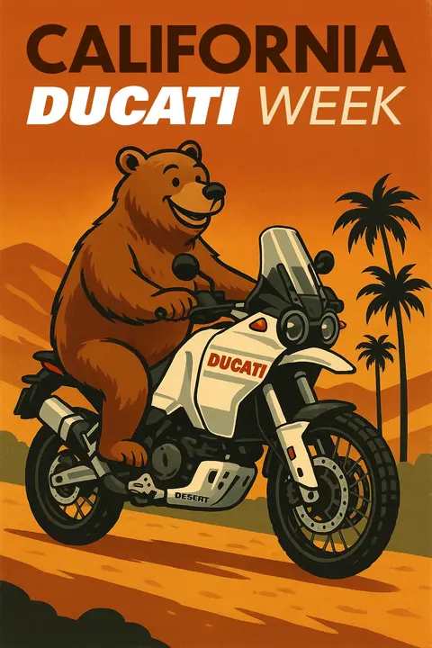 CADW 2025 poster illustration: a grizzly bear riding a Ducati DesertX