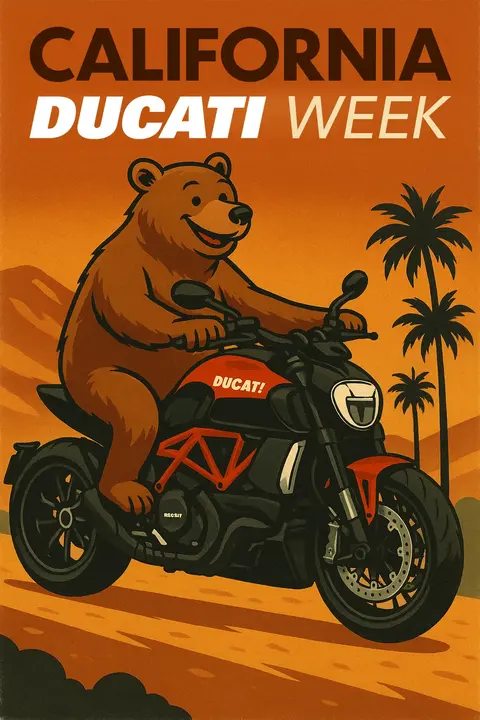CADW 2025 poster illustration: a grizzly bear riding a Ducati Diavel