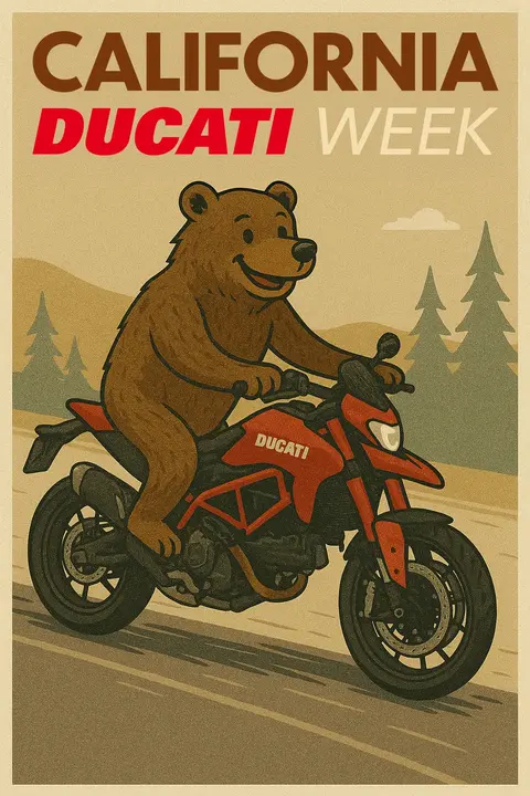 CADW 2025 poster illustration: a grizzly bear riding a Ducati Hypermotard
