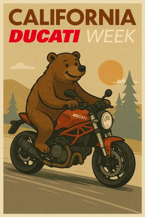 CADW 2025 poster illustration: a grizzly bear riding a Ducati Monster