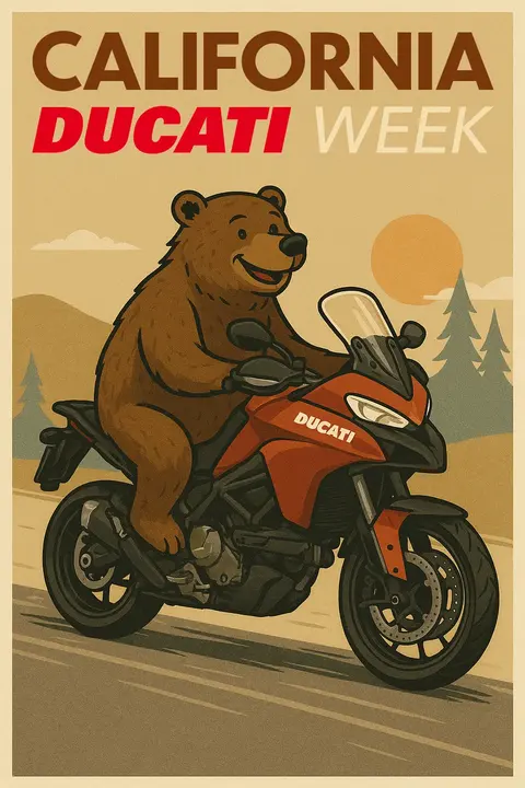 CADW 2025 poster illustration: a grizzly bear riding a Ducati Multistrada