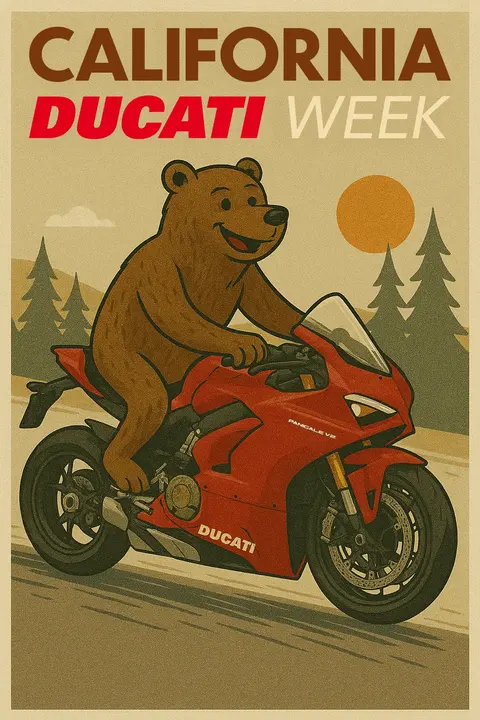 CADW 2025 poster illustration: a grizzly bear riding a Ducati Panigale