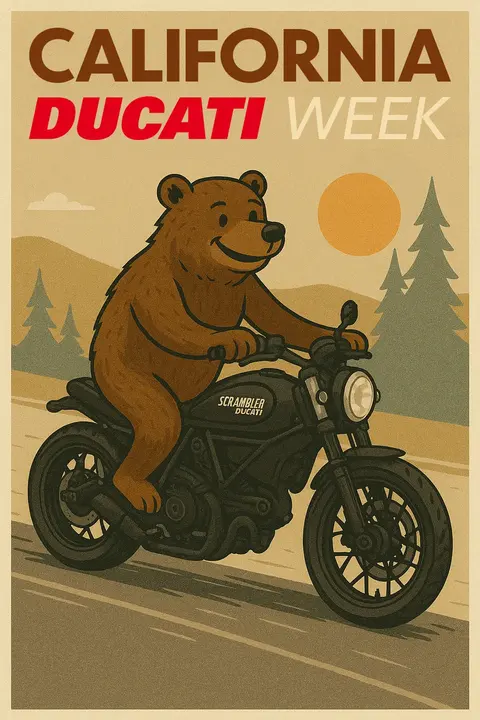 CADW 2025 poster illustration: a grizzly bear riding a Ducati Scrambler