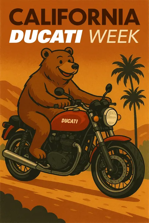 CADW 2025 poster illustration: a grizzly bear riding a Ducati SportClassic GT1000