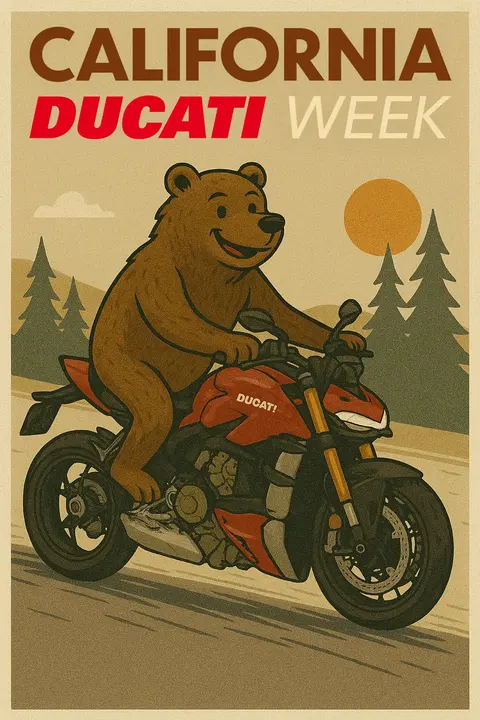 CADW 2025 poster illustration: a grizzly bear riding a Ducati Streetfighter