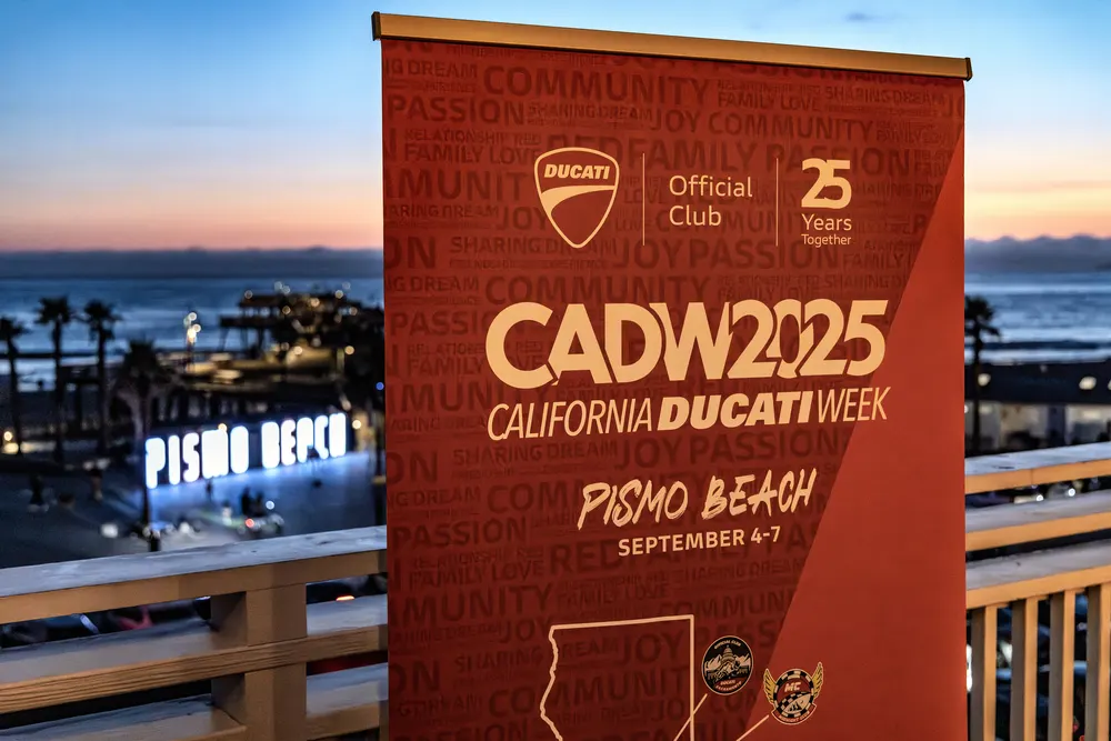 The CADW 2025 banner showing the California route map, with the Pismo Beach pier at sunset behind it