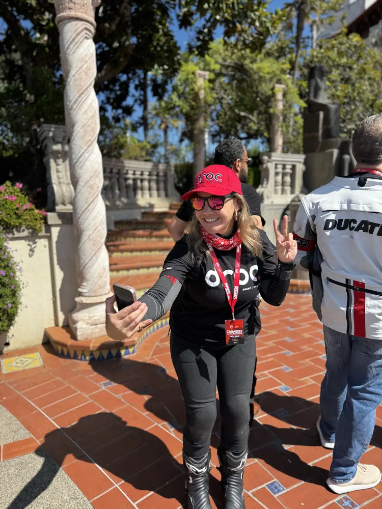 An attendee in DROC club kit on the terrace at Hearst Castle