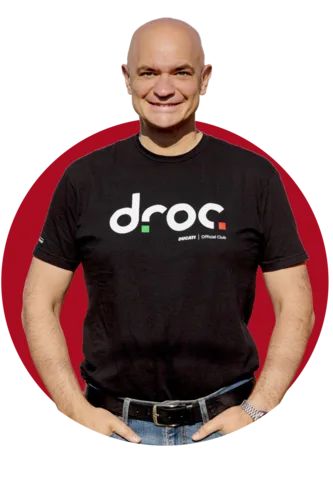 Renato Bonomini, President of Ducati Riders of Orange County, in a DROC club shirt